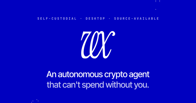 The image is a promotional graphic with a blue background featuring the stylized "VEX" logo and the tagline "An autonomous crypto agent that can't spend without you," with "SELF-CUSTODIAL · DESKTOP · SOURCE-AVAILABLE" displayed at the top. This visual aligns with the accompanying post by introducing ProjectVEX as a self-custodial, autonomous crypto agent designed to help users manage onchain capital without requiring manual tracking of every market, rate, or chain change.