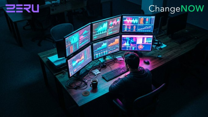 A dark, neon-lit trading setup features a person seated at a wooden desk with six monitors displaying financial charts, branded with 'ZERU' and 'ChangeNOW' logos in the corners.