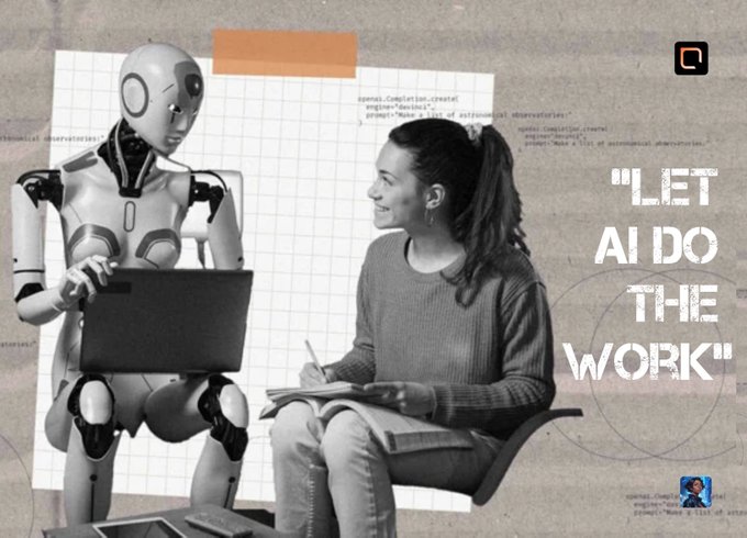 The image is a stylized collage featuring a humanoid robot holding a laptop alongside a young woman taking notes, overlaid on grid paper with code snippets reading "append.Completion.created" and "Make a list of astronomical observations," with bold text on the right declaring "LET AI DO THE WORK." 

It visualizes the post's theme by suggesting that delegating DeFi complexity to AI tools can help bridge the gap for both newcomers and experienced users (OGs) who struggle to manage the time-intensive demands of chasing yield and liquidity opportunities across the space.