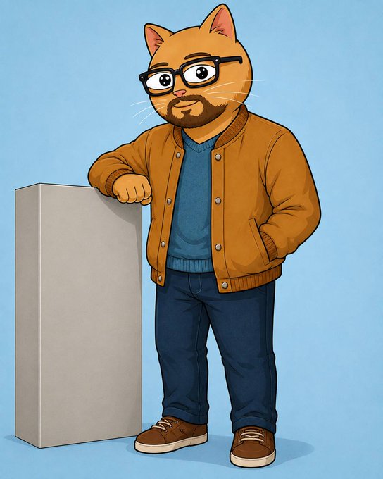 An illustrated character that is a cat-human hybrid with a beard and glasses, wearing an orange jacket and blue jeans while leaning against a gray block.