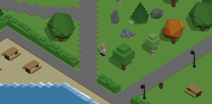 The image shows an illustration of a park scene with trees, benches, and picnic tables. A person can be seen walking through the park area. The park appears to have a real-life setting, as there are benches and picnic tables available for visitors to use. The image also includes text that reads "How to play Croft, a cozy voxel game on Solana with a real player economy. Connect a Solana wallet and play free in your browser." This suggests that the park is part of a larger gaming experience where players can interact with the environment and engage in activities like crofting or other park-related tasks.