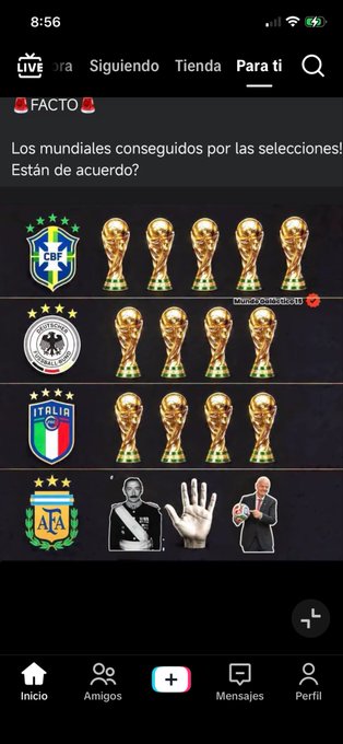 A TikTok post titled "Los mundiales conseguidos por las selecciones! Están de acuerdo?" shows five World Cup trophies next to Brazil's crest, four trophies next to Germany's crest, four trophies next to Italy's crest, and an empty space next to Argentina's crest followed by images of Maradona showing four fingers and a man holding a French flag. The image supports the caption "Cheaters" by humorously suggesting Argentina's World Cup victories don't count, replacing their trophies with memes referencing Maradona's "Hand of God" goal and France.