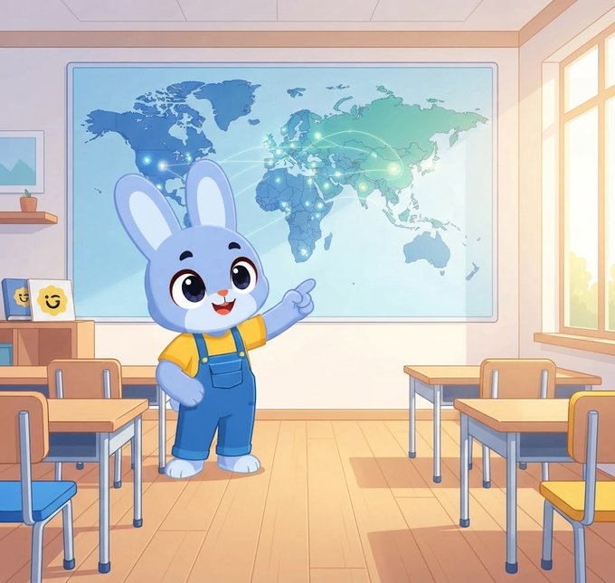 A cartoon illustration of a cute blue bunny mascot wearing denim overalls and a yellow shirt, pointing at a colorful world map on a classroom wall.