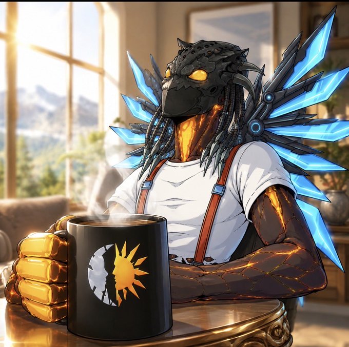 An anime-style illustration of a Predator-like creature with glowing yellow eyes and blue crystal spikes on its back, holding a black mug with a sun/cracked design while wearing a white shirt with suspenders.