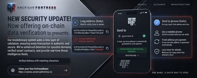 A promotional banner for 'AMERICAN FORTRESS' announcing a 'NEW SECURITY UPDATE!' offering on-chain data verification, showing examples of risky vs. safe wallet addresses and encouraging users to claim a free FortressName.