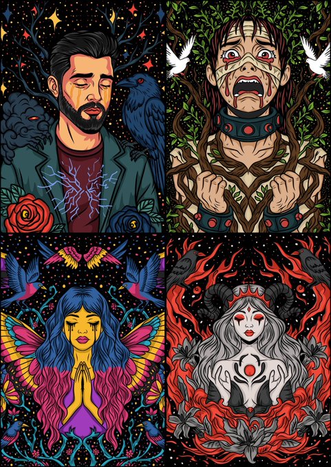 A collage of four dark, mystical illustrations featuring a man with a raven and rose, a screaming figure bound in thorny vines, a blue-haired fairy-like being with wings, and a horned pale woman holding a glowing orb amid flames.