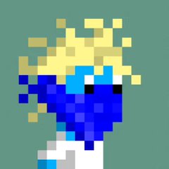 A small pixel-art character with yellow hair, blue clothing, and large eyes stands against a turquoise background.