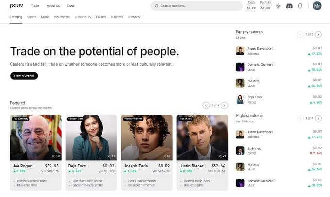 A screenshot of the 'pouv' trading platform homepage displays the tagline 'Trade on the potential of people,' with featured profiles including Joe Rogan, Deja Foxx, Joseph Zada, and Justin Bieber.
