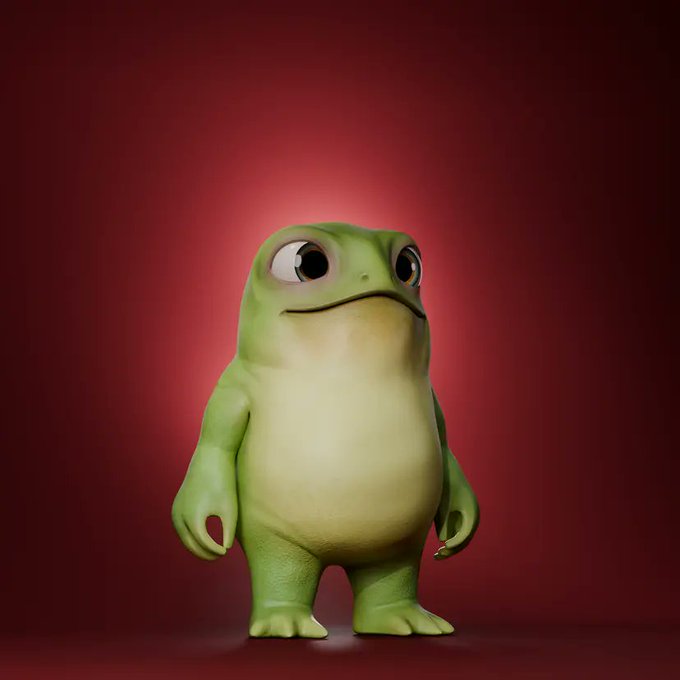 A 3D render of a cartoonish green frog-like character with large eyes standing against a deep red background.