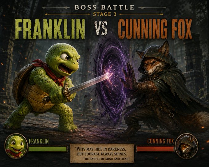 A video game-style 'BOSS BATTLE STAGE 3' graphic depicts Franklin the turtle wielding a glowing sword against a cloaked Cunning Fox, with the quote 'Wits may hide in darkness, but courage always shines.'