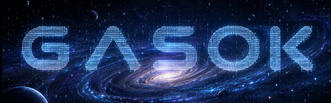 A banner with the text "GASOK" displayed in pixelated letters against a blue space background featuring a galaxy, stars, and planets.
