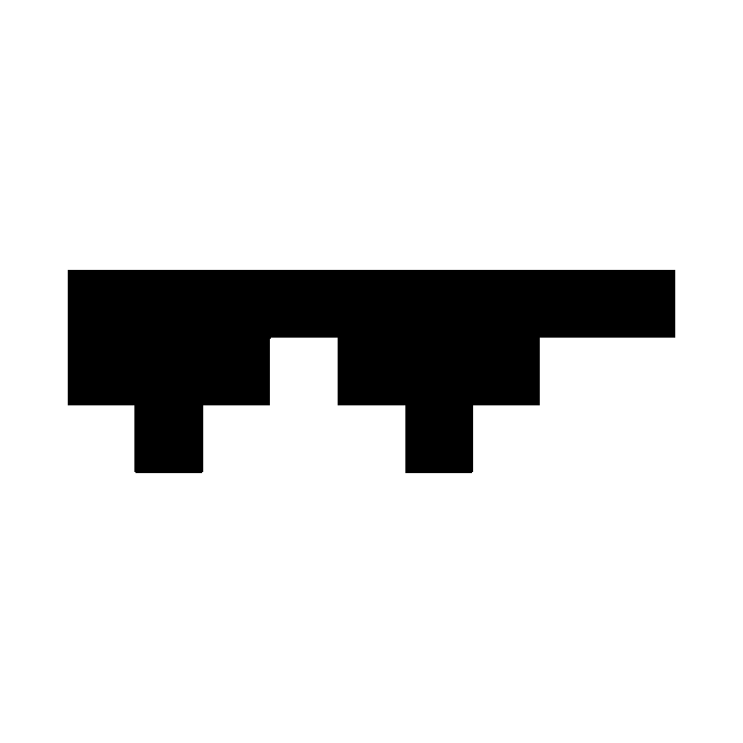 A simple black pixelated silhouette of a smiling mouth or mustache shape on a white background.