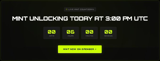 A black countdown screen displays 'MINT UNLOCKING TODAY AT 3:00 PM UTC' with a timer showing 00 days, 06 hours, 00 minutes, 00 seconds, and a 'MINT NOW ON OPENSEA' button.
