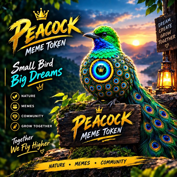 Promotional artwork for 'Peacock Meme Token' featuring a colorful peacock perched on a rock with the tagline 'Small Bird Big Dreams' and categories: NATURE, MEMES, COMMUNITY, GROW TOGETHER.