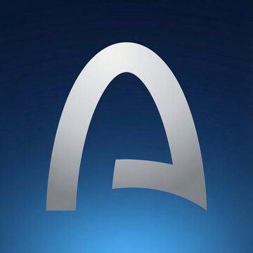 A stylized silver metallic letter 'A' on a gradient blue background.