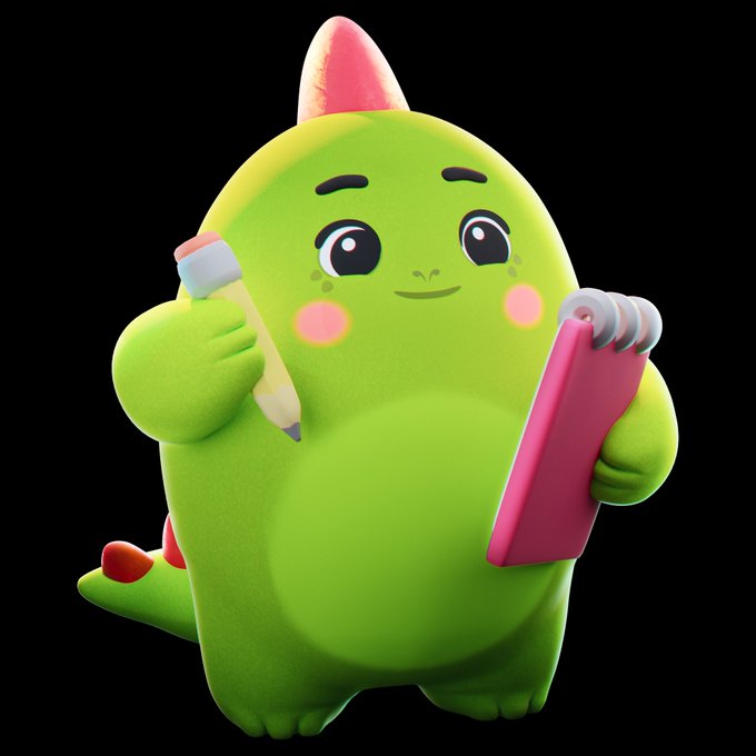 A 3D rendered green cartoon dinosaur character with pink spikes and cheeks holds a yellow pencil and a pink spiral notebook against a black background.