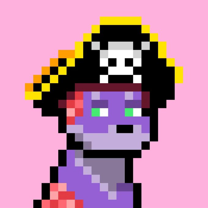 A pixel art illustration of a character wearing a black hat with a skull, a purple outfit, and red gloves, set against a pink background.