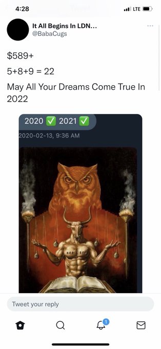 Twitter screenshot from @BabaCugs reading '$589+ 5+8+9 = 22 May All Your Dreams Come True In 2022' with an image of a horned figure and owl from 2020-02-13.