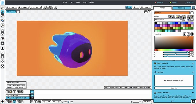 A digital art editing interface displays a pixelated blue and purple character with red eyes on an orange background, with visible menus labeled 'Donate', 'Affiliate', 'Color', 'Settings', 'Swift Brush', and 'Preview Image'.