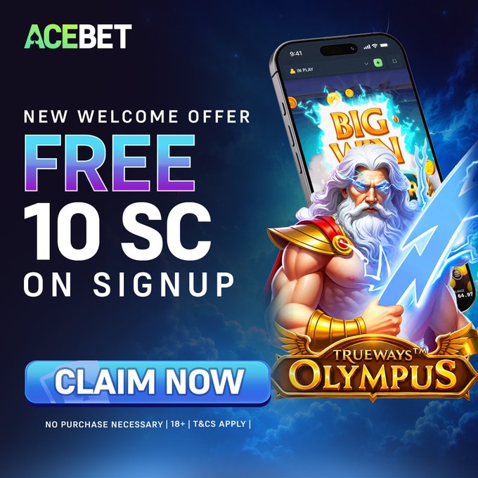 An ACEBET online casino advertisement offering 'FREE 10 SC ON SIGNUP' featuring the 'Trueways Olympus' slot game with a Zeus character illustration.