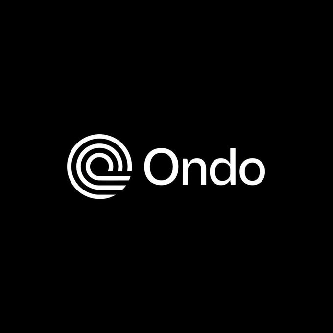 The image features the "Ondo" logo in white against a black background, displaying a circular emblem with curved lines alongside the brand name. This visually represents Ondo, whose native token $ONDO has been trending on CoinGecko as highlighted in the post.