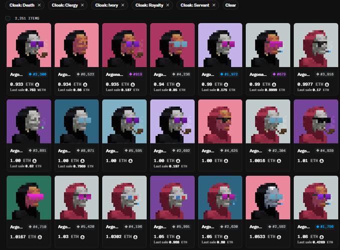 NFT marketplace listing showing pixel art 'Argo' and 'Servant' character items priced in ETH.