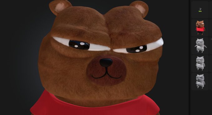 A 3D-rendered, intensely glaring brown bear character wearing a red shirt, displayed in what appears to be a character creation/editing interface with multiple bear variants shown in the side panel. The image pairs with the post's reference to "Bobo," a popular bear meme character often used to taunt people experiencing financial losses, implying the meme will be deployed when someone's crypto or stock chart dumps.