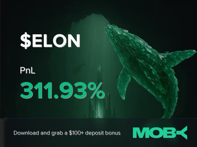 A dark green promotional graphic for Moby features a crystalline whale alongside the ticker "$ELON" and a PnL of 311.93%, with a bottom banner advertising a $100+ deposit bonus—visually celebrating the trader's significant profit on the $ELON token.