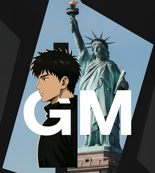 An anime-style illustration features a young man with dark hair in profile, superimposed over the Statue of Liberty with large white letters 'GM' in the foreground.