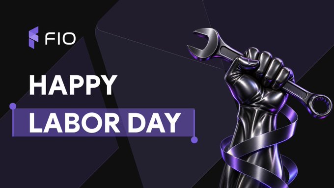 A 'Happy Labor Day' graphic for FIO featuring a metallic robotic hand holding a wrench wrapped in a purple ribbon against a dark background.