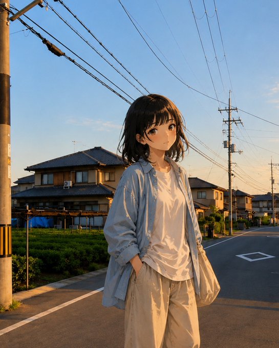 An anime-style girl with short dark hair stands on a quiet suburban street at golden hour, wearing a light blue unbuttoned shirt over a white tee and beige pants, with traditional Japanese houses and power lines in the background. The serene, contemplative scene mirrors the post's message about recharging and checking in with @sleepagotchi—evoking the calm reflection that comes with prioritizing rest and recovery.