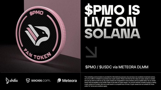 A crypto promotional graphic announces “$PMO IS LIVE ON SOLANA” and “$PMO / $USDC via METEORA DLMM,” with a $PMO token image, a pink “FAN TOKEN” rim, and partner logos for Chiliz, socios.com, and Meteora.
