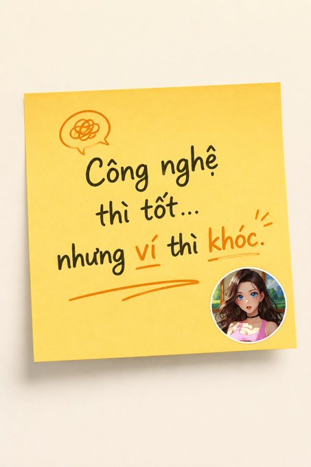 A yellow sticky note with handwritten Vietnamese text 'Công nghệ thì tốt... nhưng vì thì khóc.' alongside a small avatar of an anime-style girl in the corner.