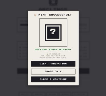 A digital notification screen reads 'MINT SUCCESSFUL!' with 'ARCLING #5454 MINTED!' displayed above buttons to view the transaction, share on X, or close and continue.