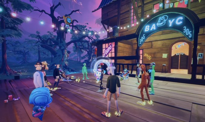 A vibrant screenshot from a virtual social world (appearing to be VRChat) showing various colorful avatars gathered outside a building labeled 'BAYC 305' and 'Sushi' under string lights at dusk.