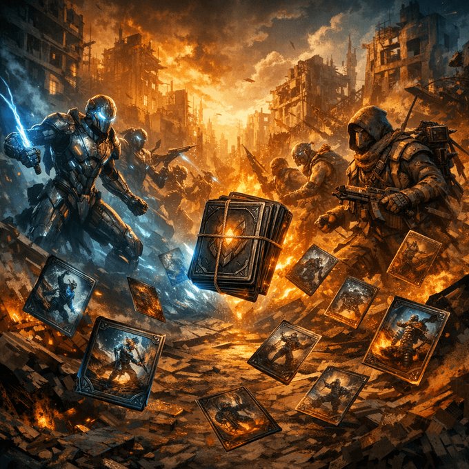 A dramatic digital artwork depicting a battle scene between futuristic armored warriors and soldiers in a war-torn city, with floating playing cards and a glowing chest in the center.
