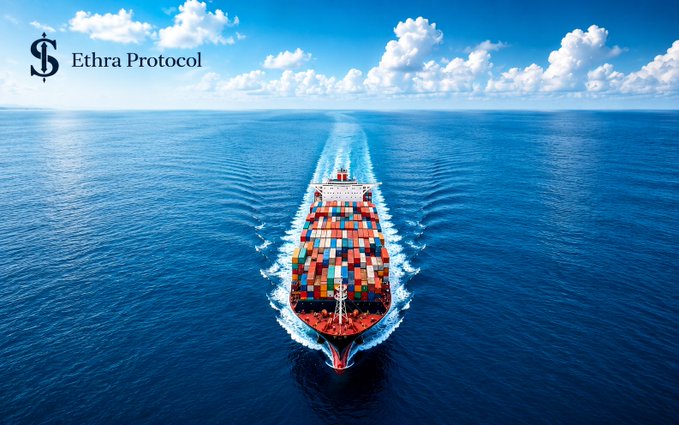 Promotional artwork for 'Ethra Protocol' showing a large cargo ship loaded with colorful shipping containers sailing across a calm blue ocean under a partly cloudy sky.