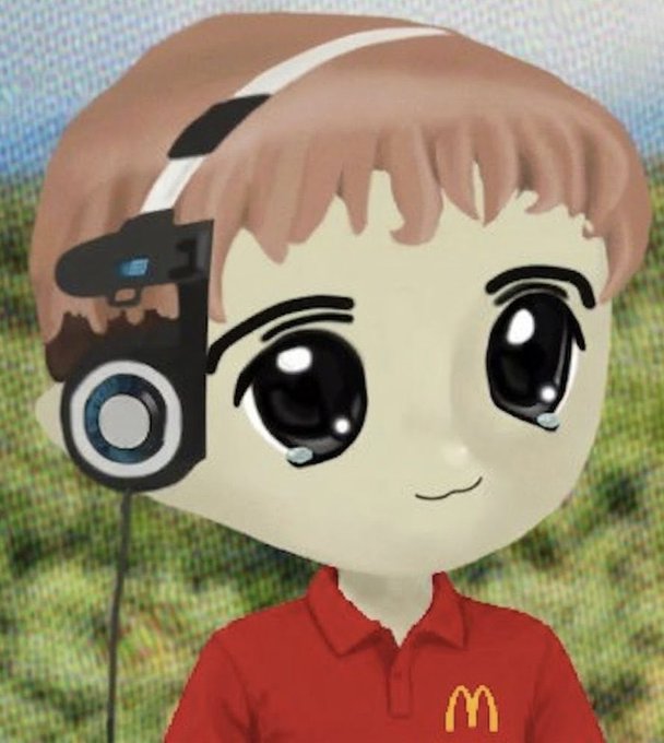A cute chibi-style anime character with large watery eyes and headphones, wearing a red polo shirt featuring the McDonald's golden arches logo, appears teary-eyed against a blurred field background—seemingly overwhelmed by the mention of 58.7K BTC in the post.