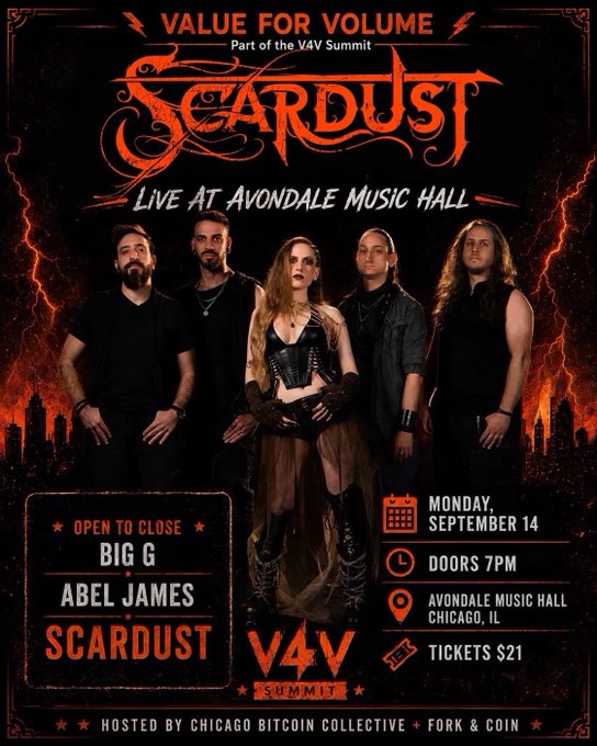 A concert poster for "Scardust" performing live at Avondale Music Hall in Chicago, IL on Monday, September 14, as part of the V4V Summit, with tickets at $21, hosted by Chicago Bitcoin Collective and Fork & Coin.