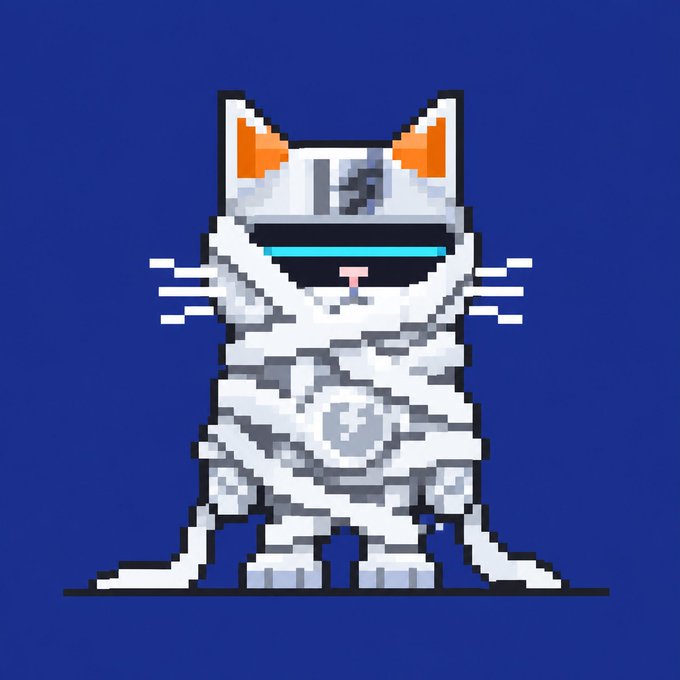 A pixel art illustration of a white cat with orange-tipped ears and a blue visor, sitting against a solid blue background.