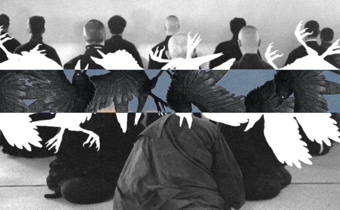 A surreal collage showing bald figures in dark robes with white birds superimposed across the image, creating a layered, mystical composition.