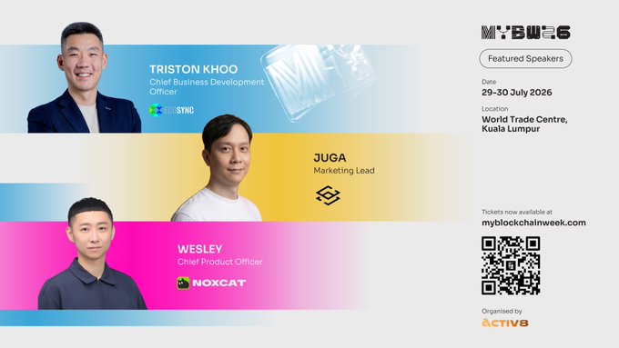 A promotional graphic for MYBW6 (My Blockchain Week 6) featuring featured speakers Triston Khoo (Chief Business Development Officer), Juga (Marketing Lead), and Wesley (Chief Product Officer), with event details showing the date "29-30 July 2026" and location "World Trade Centre, Kuala Lumpur," along with a QR code and ticket information directing to myblockchainweek.com, aligning with the post's call to action about securing tickets to Malaysia's biggest crypto event.