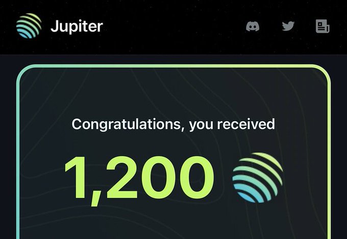 A screenshot from Jupiter's interface displays "Congratulations, you received 1,200 $JUP," highlighting a personal token allocation from the massive 1 billion JUP airdrop that was distributed to nearly 1 million eligible wallets.