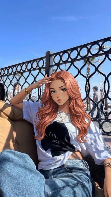 An illustrated anime-style portrait of a young woman with long peach-colored hair wearing a white t-shirt with a black design, leaning against an iron fence on a sunny day.