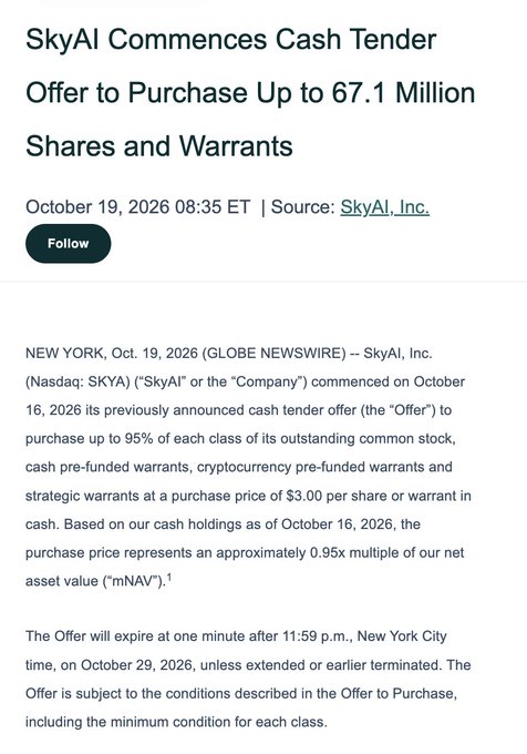 SkyAI Inc. commenced a cash tender offer on October 16, 2026 to purchase up to 95% of its outstanding common stock, pre-funded warrants, cryptocurrency pre-funded warrants, and strategic warrants at $3.00 per share, with the offer set to expire on October 29, 2026.