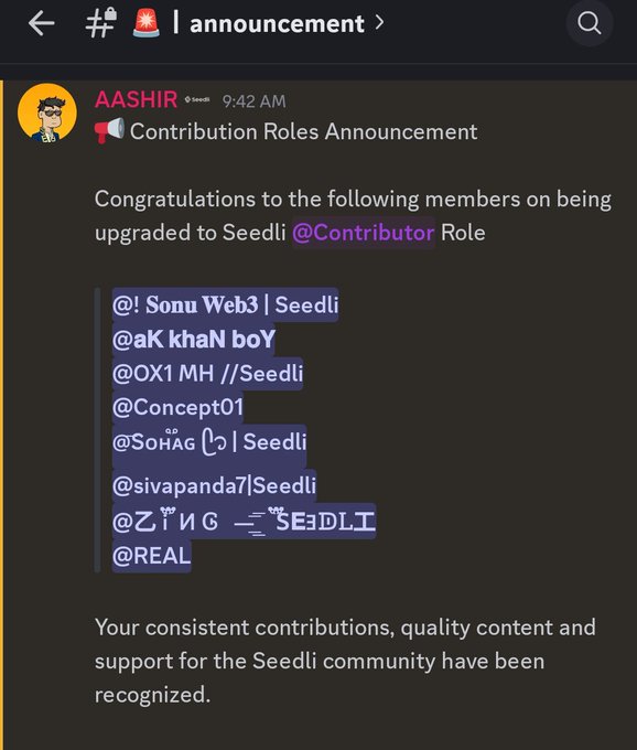 A Discord announcement from user AASHIR congratulating members @Sonu Web3, @aK khaN boY, @OX1 MH, @Concept01, @SoHag, @sivapanda7, @Z!NG, and @REAL on being upgraded to the Contributor Role in the Seedli community.