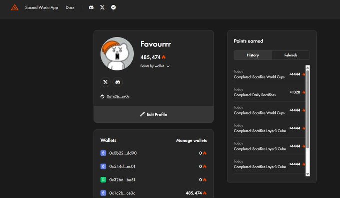 A screenshot of a 'Sacred Waste App' user profile for 'Favowrrr', showing a score of 485,474, a list of wallets, and a 'Points earned' history log detailing daily sacrifice completions.