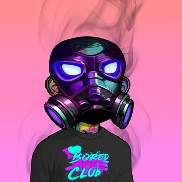 A stylized illustration of a person wearing a glowing blue and purple gas mask with smoke, wearing a black t-shirt that reads 'BORED CLUB' against a pink background.