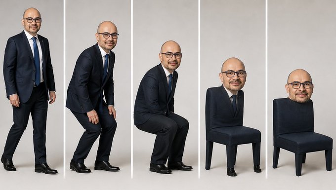 A humorous four-panel progression showing a bald businessman in a suit appearing to gradually transform into sitting on a chair, with each panel showing him closer to being just a head on a chair.