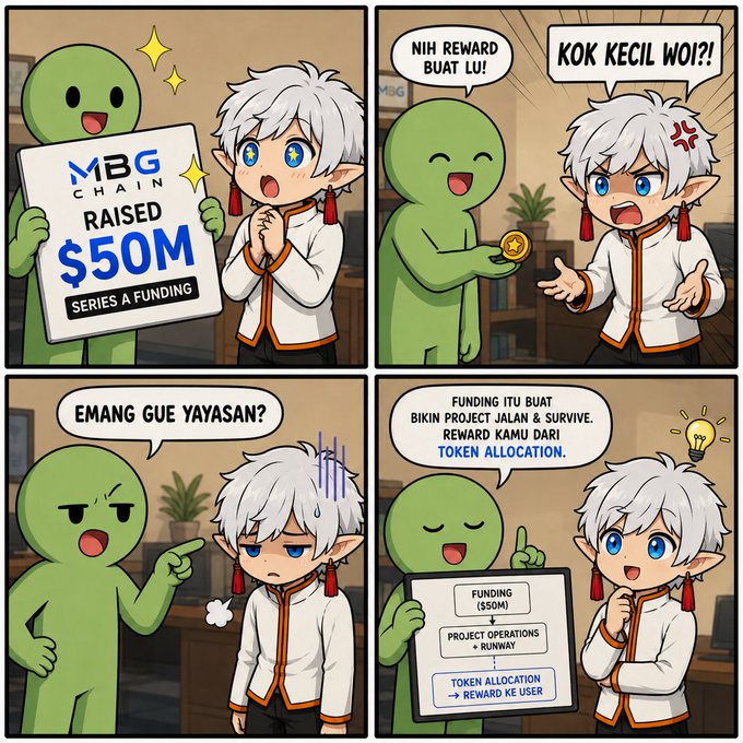 A four-panel comic shows a green character revealing an "MBG CHAIN" $50M Series A funding milestone and offering a small coin reward to a white-haired boy who complains "KOK KECIL WOI!!" (Why so small?!), prompting the explanation that "Funding itu buat bikin project jalan & survive. Reward kamu dari token allocation" (Funding is to keep the project running & survive; your reward comes from token allocation). The image humorously illustrates the post's point that massive fundraising rounds like the $50M Series A are used for project runway, not direct user rewards, which come separately from token allocation.